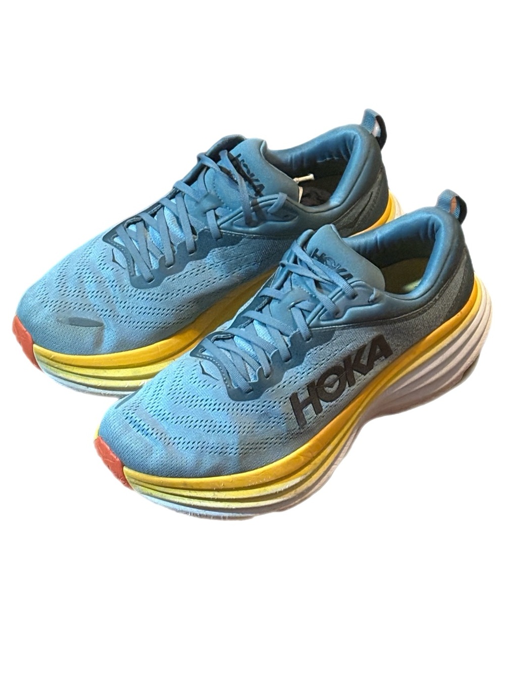 Hoka Men’s Bondi 8 Blue and Yellow Running Shoes size 12.25